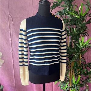 Navy and Cream Striped Sweater with Gold Buttons